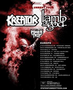 Kreator and Lamb Of God Euro Tour 2020 poster